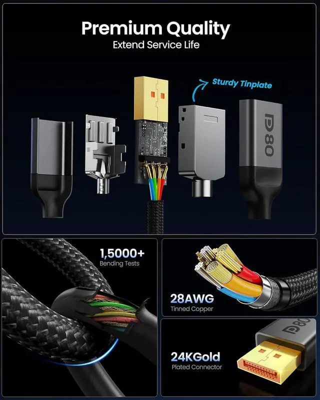 Alt view image 6 of 7 - 80Gbps DisplayPort Cable 2.1 6.6FT [ Certified] [8K@240Hz 4K@540Hz 360Hz 240Hz] DP 2.1 Cable 16K DP80 HDR DSC Display Port Cord Compatible FreeSync Gaming Monitor 5090 7900XTX S1334