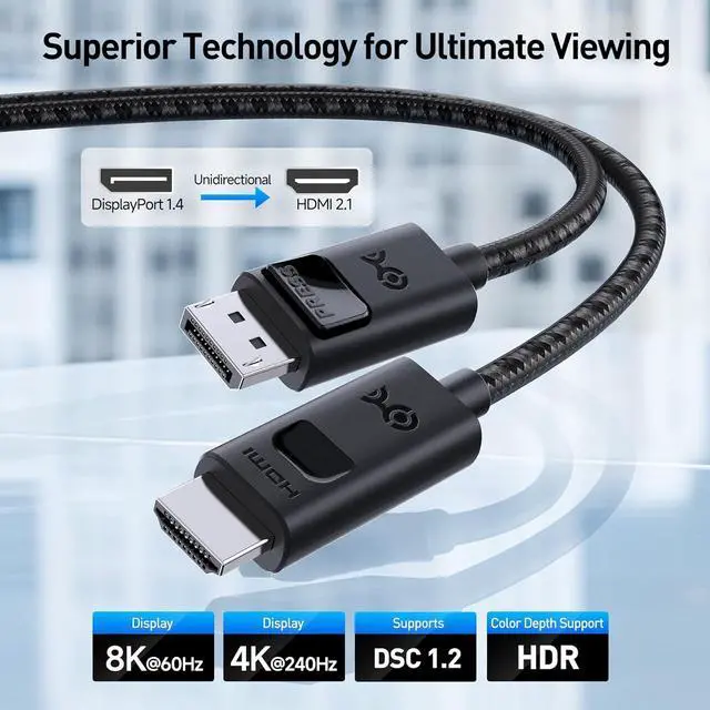 Alt view image 2 of 7 - 8K DisplayPort 1.4 to HDMI 2.1 Cable - 6ft / 1.8m with 4K 240Hz / 8K 60Hz Unidirectional Display Port to HDMI 2.1 Cable Supports RTX4080 RX7900 Not Work with PS5 Black