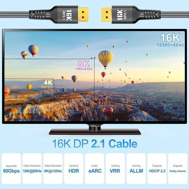 Alt view image 2 of 7 - DisplayPort Cable 2.1 10FT 16K Display Port 2.1 2.0 Cable [16K 60Hz 8K 120Hz 4K 240Hz 165Hz 144Hz 80Gbps HDR10 HDCP DSC 1.2a] Braided DP 2.1 Cord for FreeSync G-Sync Gaming Monitor