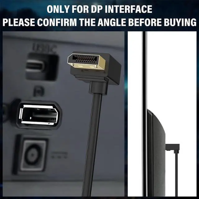 Alt view image 7 of 7 - Angled Displayport 1.4 Cable 90-Degree Upward Right Angle Displayport Cable V1.4 Support up to 8K/60Hz 4K/144Hz for Gaming Monitor Graphics Card 10 Feet