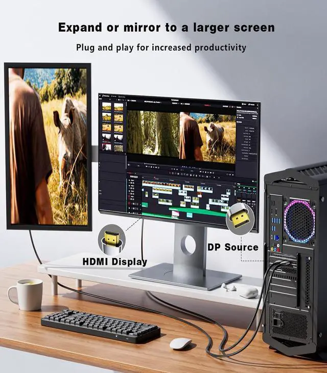Alt view image 4 of 7 - Active DisplayPort to HDMI Cable 6Ft (4K@60Hz 1440P/2K@120Hz) Uni-Directional Display Port 1.2 to HDMI 2.0 Braided Cord DP to HDMI Compatible with AMD NVIDIA Desktops and Gaming Monitors