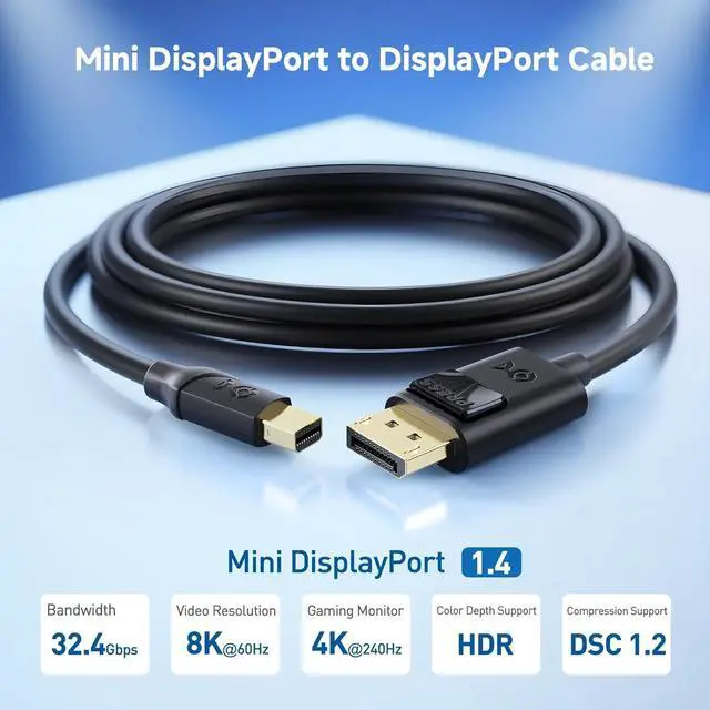 Alt view image 2 of 7 - 32.4Gbps Mini DisplayPort to DisplayPort 1.4 Cable - 10ft Support [8K@60Hz HDR] Mini DP to DP 1.4 Cable Display Port to MiniDisplayPort Compatible with Thunderbolt & Thunderbolt 2