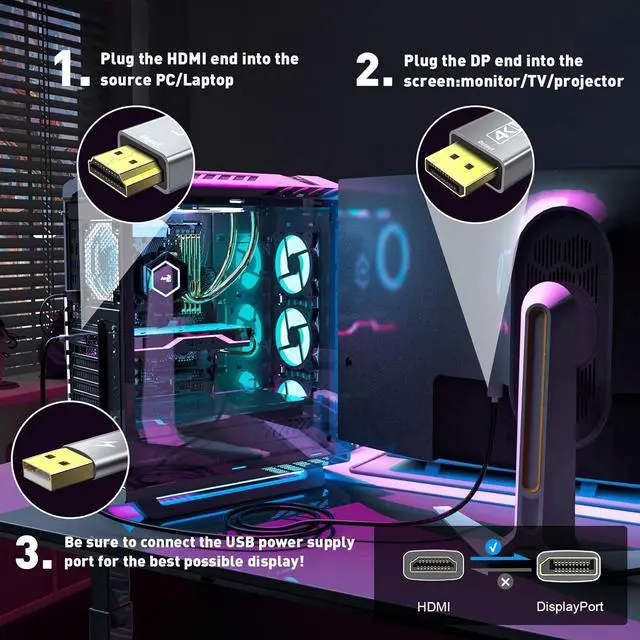 Alt view image 3 of 7 - Active HDMI to DisplayPort Cable (4K 60Hz 1080p@120Hz) 6FT Uni-Directional HDMI Source to DP Monitor Adapter Display Port Cord Compatible with PC Laptop AMD NVIDIA PS5 Xbox