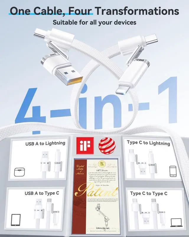 Alt view image 2 of 7 - 4-in-1 USB C to Lightning Cable 240W Fast Charging & Data Transfer Support to  CarPlay & Android Auto 5FT Travel Multi Cords Charger Combo for iPhone/iPad//MacBook Cable White