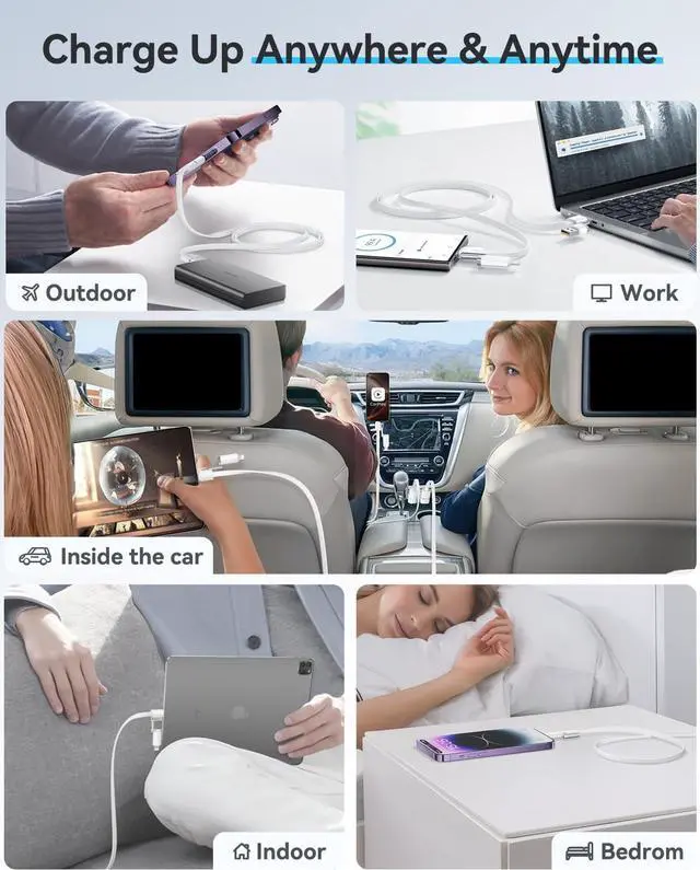 Alt view image 7 of 7 - 4-in-1 USB C to Lightning Cable 240W Fast Charging & Data Transfer Support to  CarPlay & Android Auto 5FT Travel Multi Cords Charger Combo for iPhone/iPad//MacBook Cable White