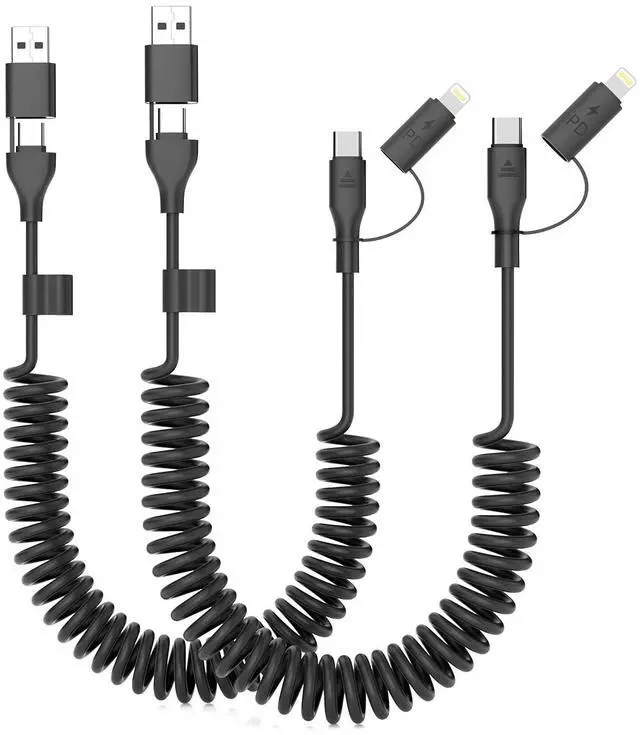 Main image of 2 Pack Coiled USB C to C & Lightning Cable 3FT iPhone 15 16 Carplay Coiled USB C Cable 4 in 1 Car Charger Cord 60W Fast Charging Cable for iPhone  Supports  CarPlay & Android Auto -Black