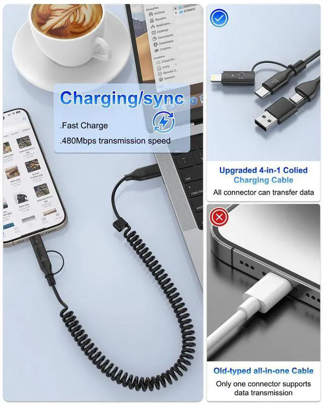 Alt view image 6 of 7 - 2 Pack Coiled USB C to C & Lightning Cable 3FT iPhone 15 16 Carplay Coiled USB C Cable 4 in 1 Car Charger Cord 60W Fast Charging Cable for iPhone  Supports  CarPlay & Android Auto -Black