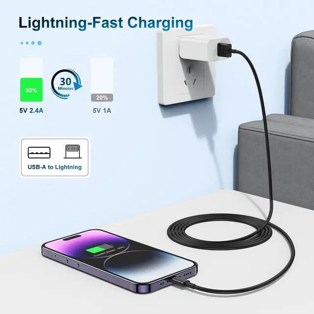 Alt view image 4 of 7 - 3 Pack  MFi Certified Charger Cable 6ft Lightning to USB Cable Cord 6 Foot 2.4A Fast Charging  Phone Long Chargers for iPhone 11/11Pro/11Max/ X/XS/XR/XS Max/8/7/6 Black