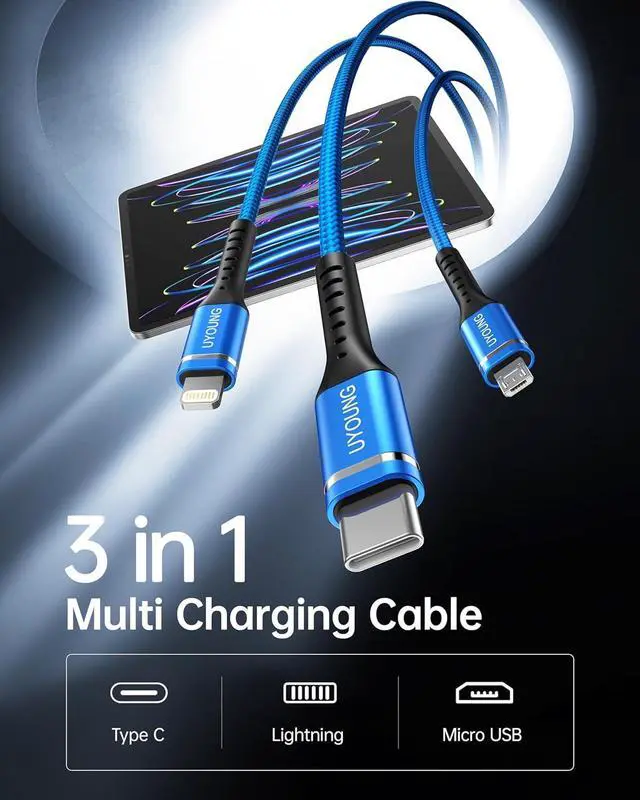 Alt view image 2 of 7 - Multi Charging Cable 2Pack 6FT 3 in 1 Charger Cable Braided Universal Phone Charging Cord with Lightning/Type C/Micro USB Ends Multiple USB Cable for iPhone//Google Cell Phones and More