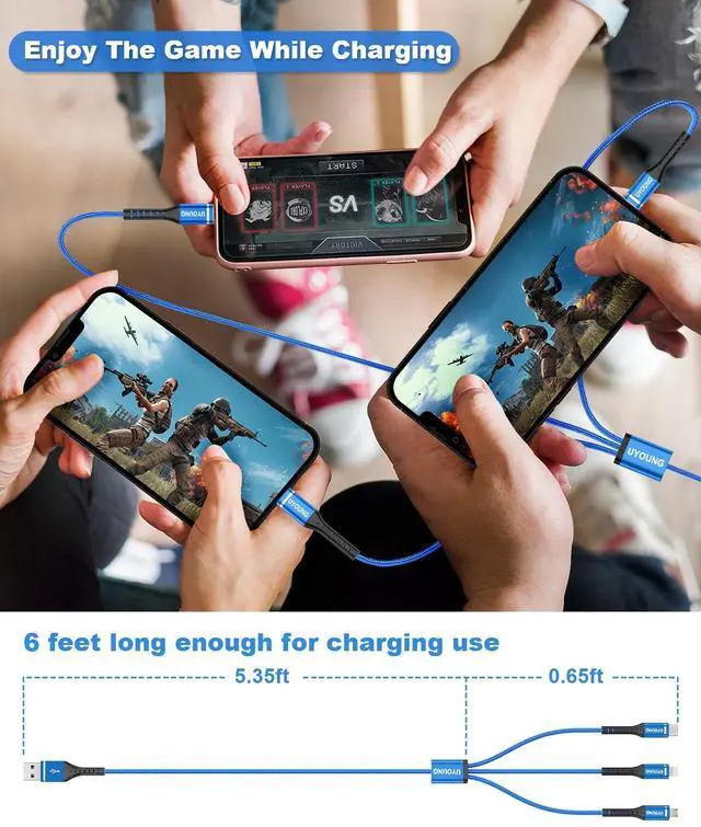 Alt view image 7 of 7 - Multi Charging Cable 2Pack 6FT 3 in 1 Charger Cable Braided Universal Phone Charging Cord with Lightning/Type C/Micro USB Ends Multiple USB Cable for iPhone//Google Cell Phones and More