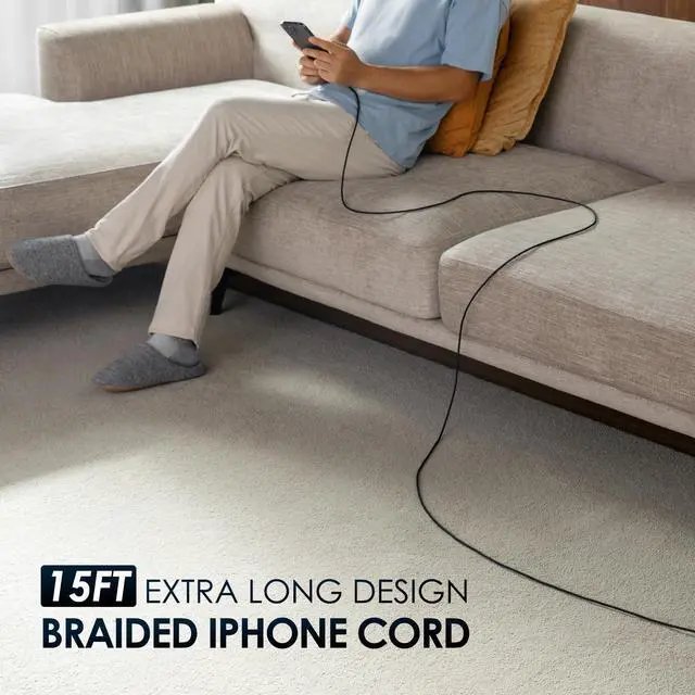 Alt view image 7 of 7 - Extra Long iPhone Charger Cord 15FT [ MFi Certified] USB A to Lightning Cable Braided Fast Charging Cord Compatible with iPhone 14 Pro Max/Plus/13/12/11/X/XR/XS/SE/8/7/6/5/iPad - Black