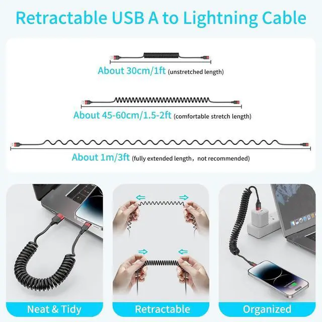 Alt view image 4 of 7 - Coiled Lightning Cable for Car 2 Pack iPhone CarPlay Cable Fast Charging Coiled USB to Lightning Cord Compatible with iPhone 14 13 12 11 Pro Max Mini XR XS 8 7 Plus SE iPad iPod