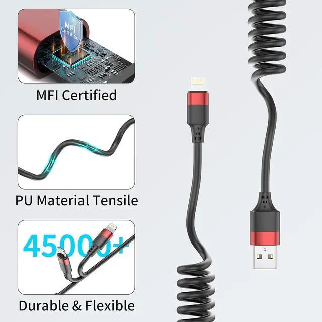 Alt view image 5 of 7 - Coiled Lightning Cable for Car 2 Pack iPhone CarPlay Cable Fast Charging Coiled USB to Lightning Cord Compatible with iPhone 14 13 12 11 Pro Max Mini XR XS 8 7 Plus SE iPad iPod