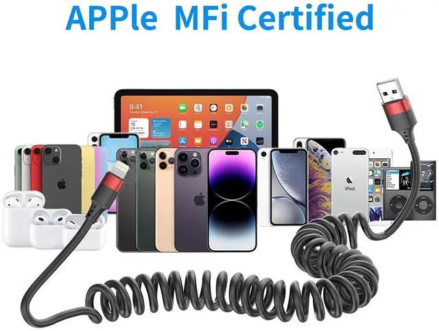 Alt view image 7 of 7 - Coiled Lightning Cable for Car 2 Pack iPhone CarPlay Cable Fast Charging Coiled USB to Lightning Cord Compatible with iPhone 14 13 12 11 Pro Max Mini XR XS 8 7 Plus SE iPad iPod