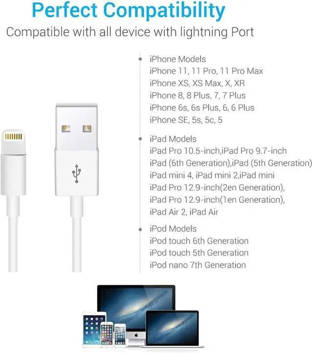 Alt view image 7 of 7 - Original Cable [ MFi Certified] Lightning to USB Cable Compatible iPhone 13/12/11 Pro Max/XS MAX/XR/XS/X/8/7/Plus/6S iPad AirPods iPod Touch (1M/3.3FT) Original Certified - White