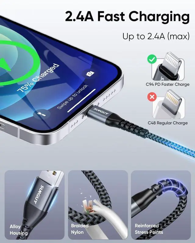 Alt view image 6 of 7 - USB-A to Lightning Cable 2FT 2Pack [MFi Certified] USB to Lightning Cable for Car iPhone Charger Cord Nylon Braided Compatible with iPhone 14/13/12/11 Pro Max Mini X XS XR 8 Plus 10 SE iPad