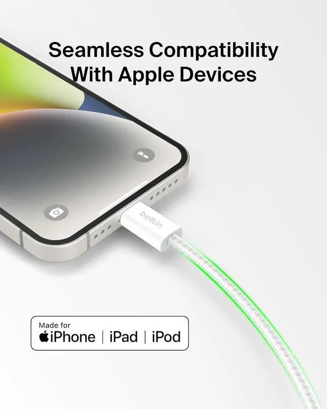 Alt view image 2 of 7 - Braided USB-C Cable w/Lightning Connector (6.6ft) - Soft Flexible Fast-Charging Cable Lightning Charger Cord for iPhone 14 & Earlier Series iPad 9th Gen & AirPods - White (USB 2.0)
