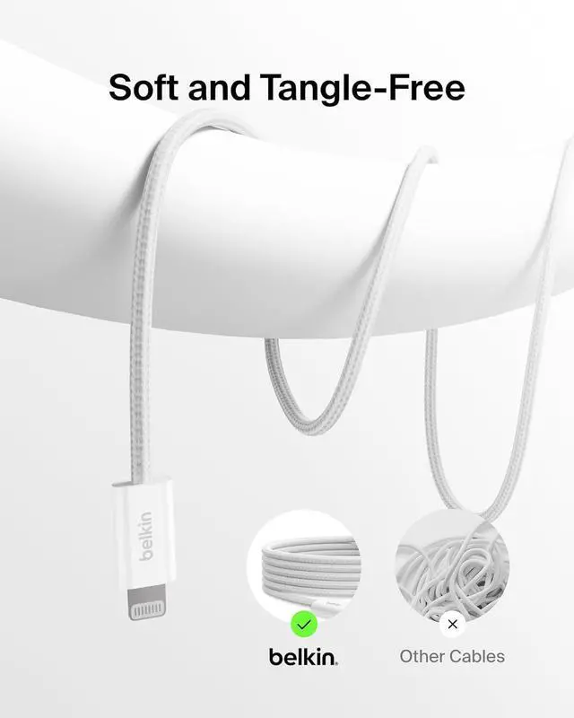 Alt view image 4 of 7 - Braided USB-C Cable w/Lightning Connector (6.6ft) - Soft Flexible Fast-Charging Cable Lightning Charger Cord for iPhone 14 & Earlier Series iPad 9th Gen & AirPods - White (USB 2.0)