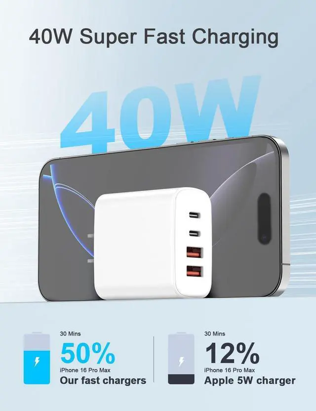 Alt view image 2 of 7 - USB C Charger Block 40W Fast USB A+C Wall Charger with 2Pack iPhone Cords [Type C to C Cable + C to Lightning Cable] Compatible with iPhone 16 15 14 13 12 11 XR XS 8 7 and More