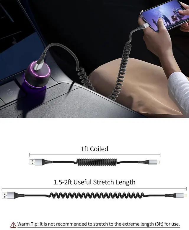 Alt view image 5 of 6 - Coiled Lightning Cable 2 Pack Retractable iPhone Charger Cord for Car USB to Lightning Cable Fast Charging Compatible with  CarPlay iPhone 14 13 12 11 Pro Max Mini 10 8 Plus XR SE AirPods