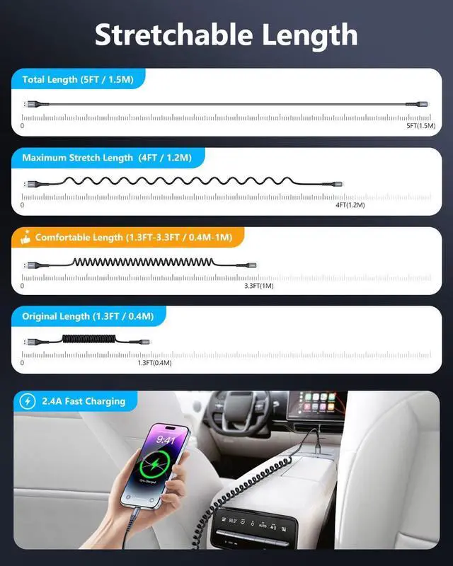 Alt view image 4 of 7 - Coiled USB to Lightning Cable for Car 2-Pack 3FT [MFi Certified] Retractable iPhone Charger Cable Fast Charging CarPlay Cable for iPhone 14/13/12/11 Pro Max/XS MAX/XR/XS/iPad/iPod