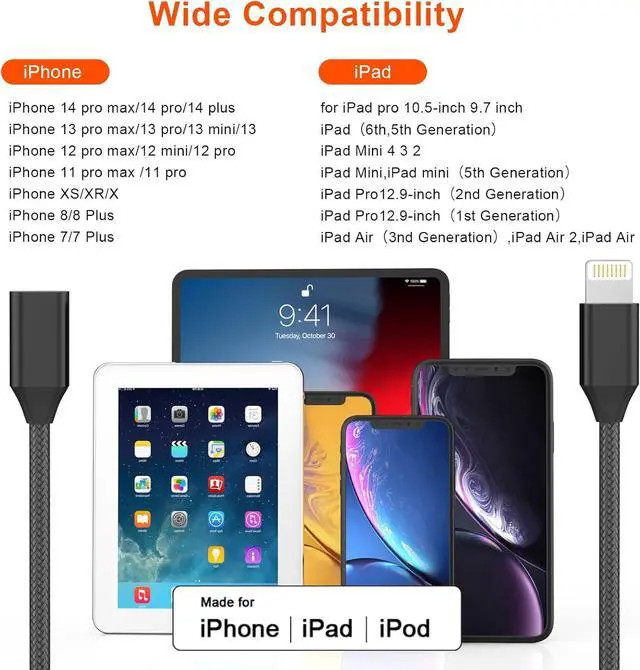 Alt view image 6 of 7 - for iPhone Charger Extension Cord [ MFi Certified] Nylon Braided Lightning Extender Dock Cable Male to Female Adapter 3.3FT for iPhone 14 Pro 13 Pro 12 11 X XR 8 7 6 Pass Video Data Audio