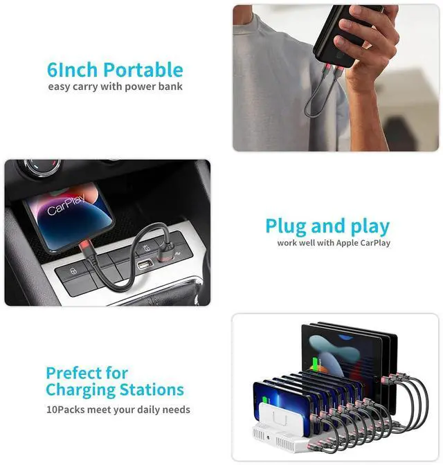 Alt view image 6 of 7 - 6 inch Short Lightning Cable Bulk 10Pack [MFi Certified] Multipack 0.5ft iPhone Charge Cable Short USB to Lightning Cord for Charging Stations iPhone 14 13 12 11 Pro Max 8 7 6 iPod iPad