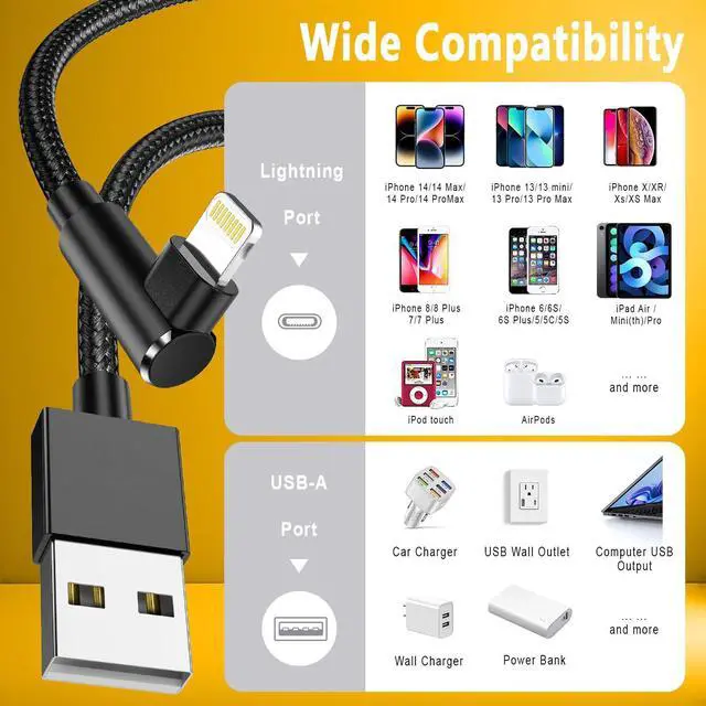 Alt view image 7 of 7 - iPhone Charger Cord 6ft - Braided USB to Lightning Cable 90 Degree Charging Cable Compatible with iPhone 14 13 12 11 Pro Max iPad Airpods iPod & More 2Pack[MFI Certified]