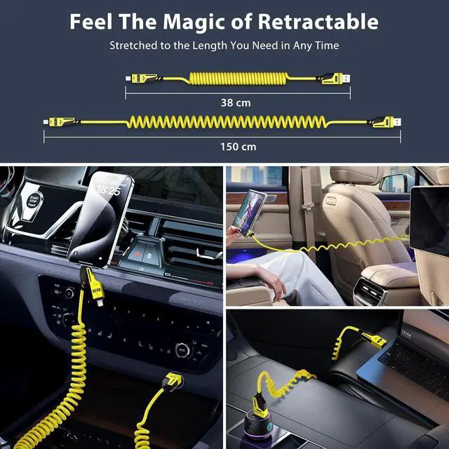 Alt view image 4 of 7 - 4-in-1 Coiled USB-C to Lightning/Type-C 65W Fast Charging Cable Car Play & Android Auto Compatible Compact Design Multi-Device Charging for iPhone iPad  & More Yellow