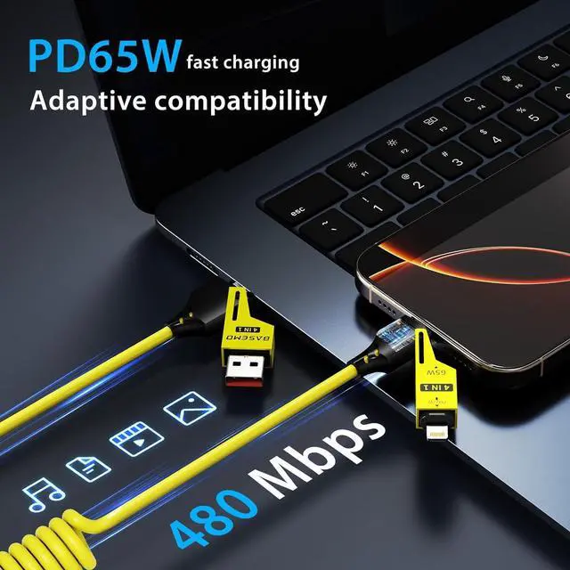 Alt view image 5 of 7 - 4-in-1 Coiled USB-C to Lightning/Type-C 65W Fast Charging Cable Car Play & Android Auto Compatible Compact Design Multi-Device Charging for iPhone iPad  & More Yellow