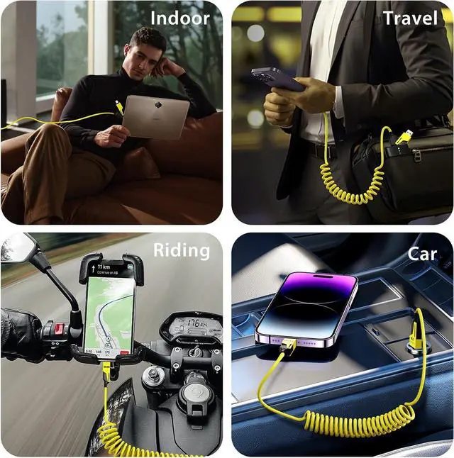 Alt view image 6 of 7 - 4-in-1 Coiled USB-C to Lightning/Type-C 65W Fast Charging Cable Car Play & Android Auto Compatible Compact Design Multi-Device Charging for iPhone iPad  & More Yellow