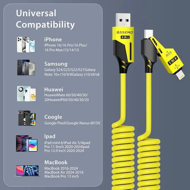 Alt view image 7 of 7 - 4-in-1 Coiled USB-C to Lightning/Type-C 65W Fast Charging Cable Car Play & Android Auto Compatible Compact Design Multi-Device Charging for iPhone iPad  & More Yellow