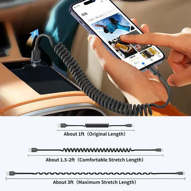 Alt view image 2 of 7 - Coiled USB C Cable for Car 2Pack 3ft USB to USBC Coiled Cord for iPhone 16 15 Pro Max 3A USB Type C Retractable Cable Fast Charging with Galaxy S23 S22 S21 S20 Note 20 10 A10e A20 A50 Moto G LG