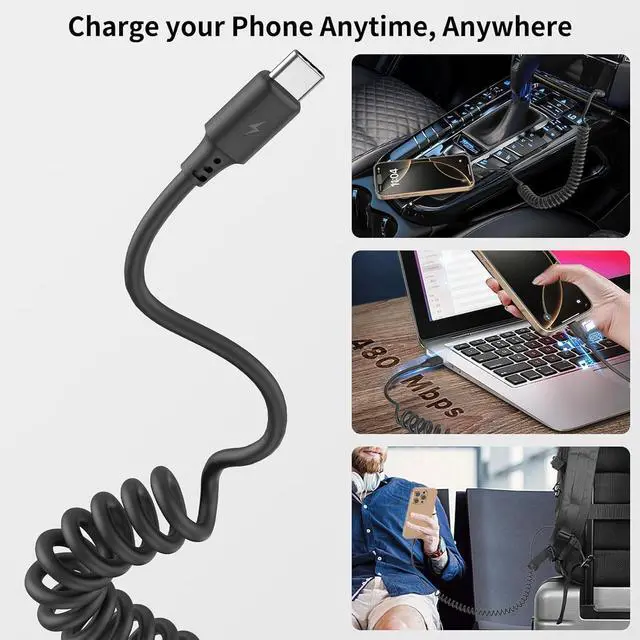 Alt view image 3 of 7 - Coiled USB C Cable for Car 2Pack 3ft USB to USBC Coiled Cord for iPhone 16 15 Pro Max 3A USB Type C Retractable Cable Fast Charging with Galaxy S23 S22 S21 S20 Note 20 10 A10e A20 A50 Moto G LG