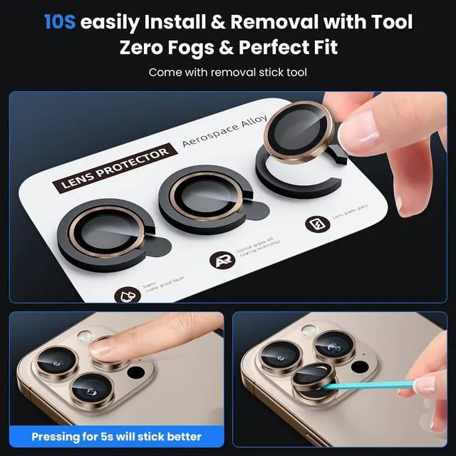 Alt view image 6 of 6 - for iPhone 16 Pro/iPhone 16 Pro Max Camera Lens Protector - [Original Shooting Model] Shatterproof Ultra HD Tempered Metal Glass Camera Screen Protector Cover Film Accessories Gold Titanium