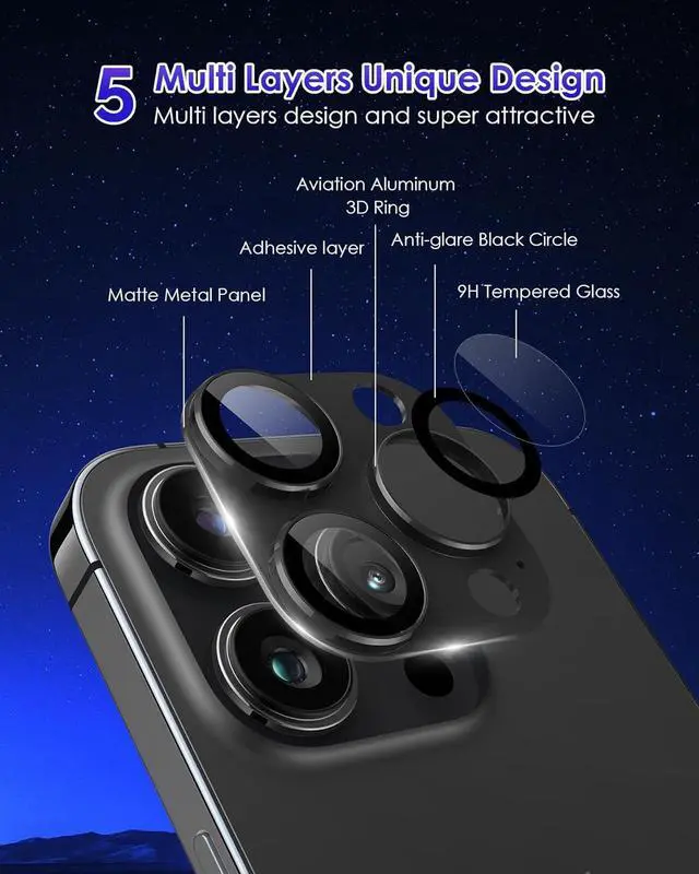 Alt view image 4 of 7 - Compatible for iPhone 15 Pro/iPhone 15 Pro Max Camera Lens Protector [Full Coverage Metal] 9H Tempered Glass Screen Camera Cover Titanium Black