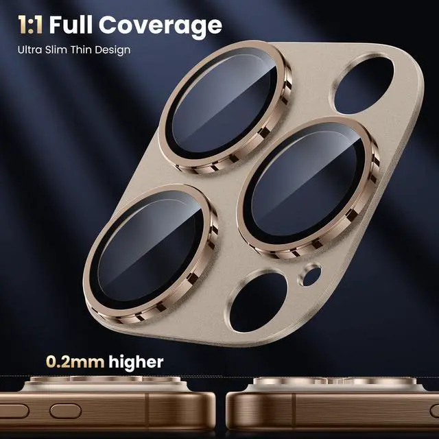 Alt view image 4 of 6 - for iPhone 16 Pro/iPhone 16 Pro Max Camera Lens Protector [Military Grade Shatterproof] [Strong Adsorption] Metal Aluminum Alloy Tempered Glass Camera Screen Protector Desert Titanium