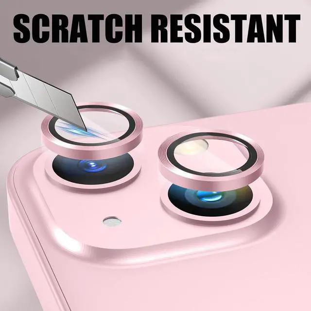 Alt view image 4 of 7 - 2 Pack Camera Lens Protector for iPhone 14/14 Plus/iPhone 15/15 Plus 9H Tempered Glass Scratch Resistant Metal Ring Camera Cover Accessories Pink