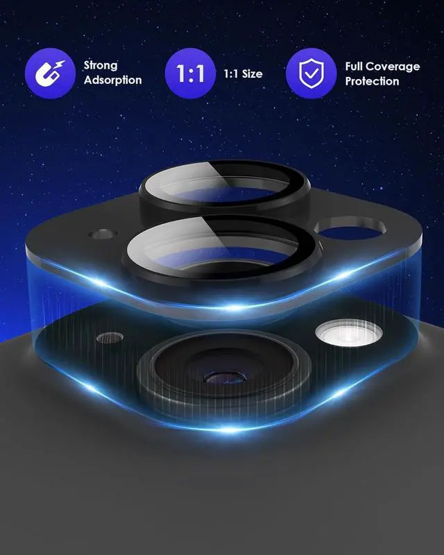 Alt view image 2 of 7 - Compatible for iPhone 15 Plus/iPhone 15 Camera Lens Protector Metal Plus Aluminium Alloy Ring 9H Tempered Glass Screen Camera Cover Black