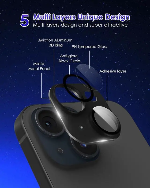 Alt view image 3 of 7 - Compatible for iPhone 15 Plus/iPhone 15 Camera Lens Protector Metal Plus Aluminium Alloy Ring 9H Tempered Glass Screen Camera Cover Black