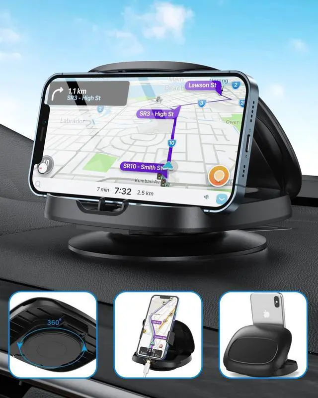 Main image of Phone Mount for Car, 360° Rotatable Dashboard Horizontal & Vertical Viewing Cell Phone Holder, Washable Reusable Car Phone Mount, for iPhone Samsung & Smartphones