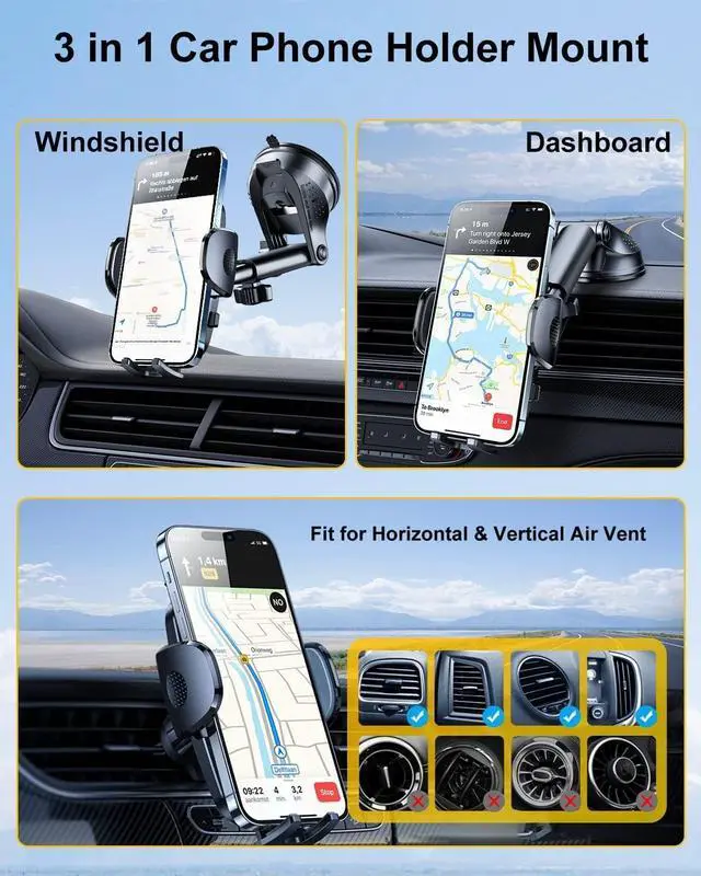 Alt view image 6 of 7 - 3-in-1 Phone Holders for Your Car [2025 Most Stable and Flexible Suction Cup] Vent Dashboard Windshield Cell Phone Car Mount Fit for iPhone  All Phone