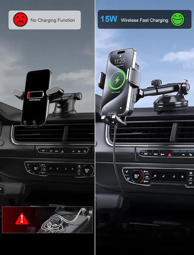 Alt view image 3 of 6 - Wireless Car Charger 15W Fast Charging Auto Clamping Dashboard Windshield Air Vent Car Phone Holder with LED Light Car Charger for iPhone 16 15/14/13/12 Pro Max Plus  S23/S22/S21 etc
