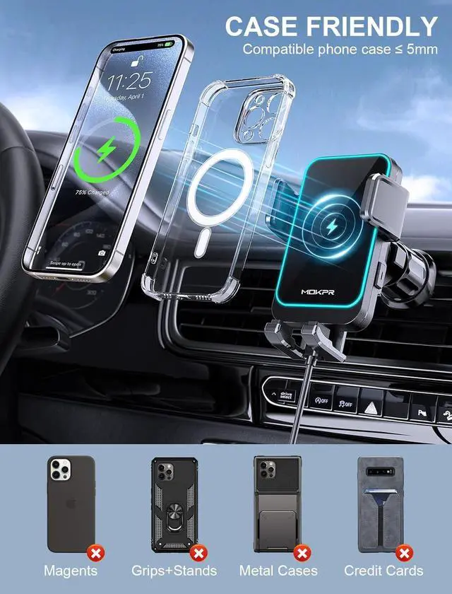 Alt view image 6 of 6 - Wireless Car Charger 15W Fast Charging Auto Clamping Dashboard Windshield Air Vent Car Phone Holder with LED Light Car Charger for iPhone 16 15/14/13/12 Pro Max Plus  S23/S22/S21 etc