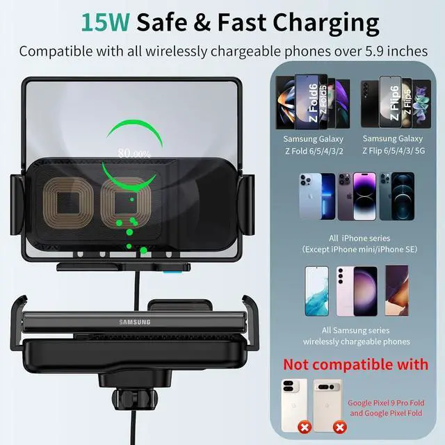 Alt view image 3 of 7 - Wireless Car Charger Mount 15W Dual Coil Rotatable Car Phone Holder Wireless Charger for  Galaxy Z Fold 6/5/4/3/2 Z Flip S25/S24/S23/S22 Series and iPhone Car Charger Included