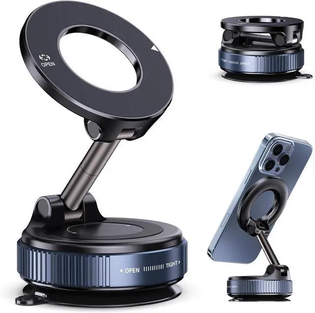 Main image of Vacuum Magnetic Suction Phone Holder Foldable and Retractable Hands-Free Suction Cup Phone Mount for Car/Gym/Mirror/Smooth Surface Compatible with iPhone Android and All Smartphones (Black)