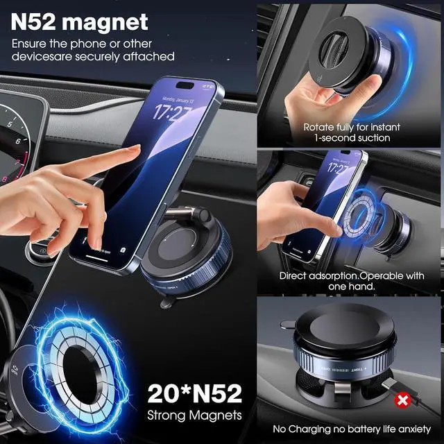 Alt view image 3 of 7 - Vacuum Magnetic Suction Phone Holder Foldable and Retractable Hands-Free Suction Cup Phone Mount for Car/Gym/Mirror/Smooth Surface Compatible with iPhone Android and All Smartphones (Black)