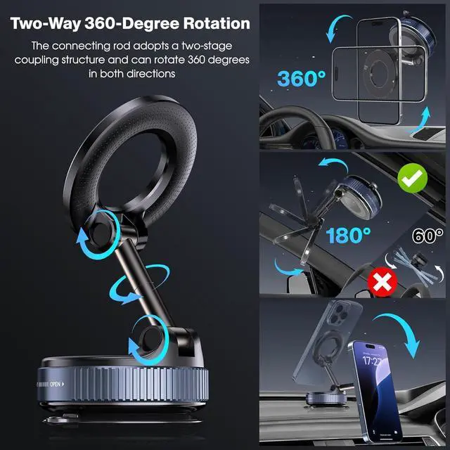 Alt view image 4 of 7 - Vacuum Magnetic Suction Phone Holder Foldable and Retractable Hands-Free Suction Cup Phone Mount for Car/Gym/Mirror/Smooth Surface Compatible with iPhone Android and All Smartphones (Black)