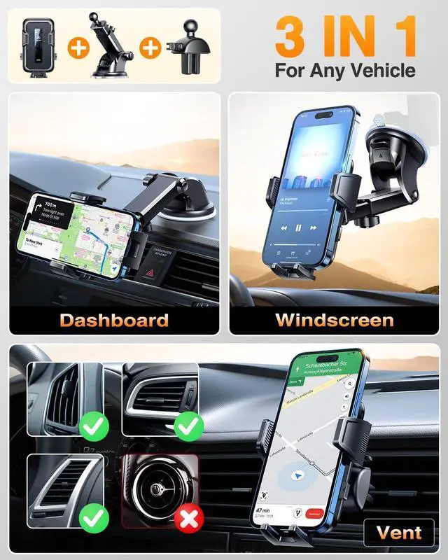 Alt view image 5 of 7 - 2025 Upgraded Car Phone Holder [85+LBS Strongest Suction] Patent Safety Cell Phone Mount Windshield Dashboard Vent Truck Accessories Stand Cradle for iPhone 16 Pro Max 15 14 13 Android