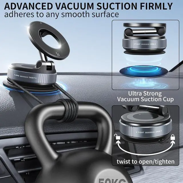 Alt view image 4 of 7 - Vacuum Suction Magnetic Phone Holder 2025 Upgraded Vacuum Suction Cup Mount for Magsafe 360° Adjustable Foldable Portable Magnetic Car Phone Stand for Cars/Gyms/Mirrors/Smooth Surface (Black)